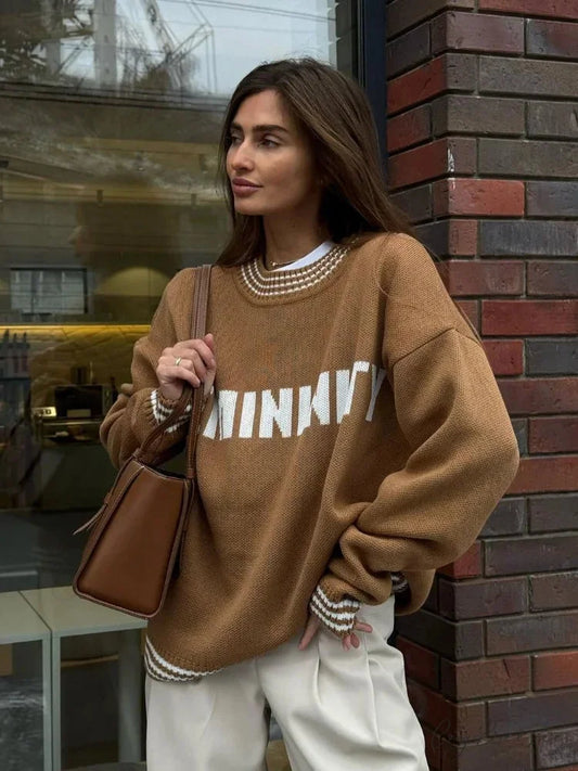 Printed Striped Cozy Stylish Loose Round Neck Comfortable Trendy Autumn Sweater