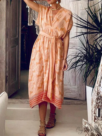 Printed V-Neck Sleeveless Charming Mid-Length Beach Dress