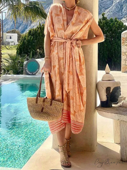 Printed V-Neck Sleeveless Charming Mid-Length Beach Dress Orange / S