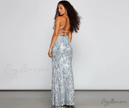 Priya Formal Iridescent Charming Sequin Scroll Dress