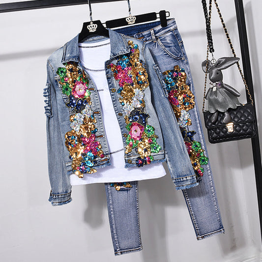 Style European Flower Suit Women Jeans Pants Outfit Jacket & Denim Fashion Sequined Set