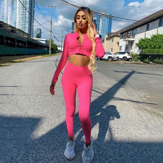 Set Tshirt Crop Women Two Leggings Sport Long Arm Bodycon Tops Piece Pants Winter Fitness Tracksuit