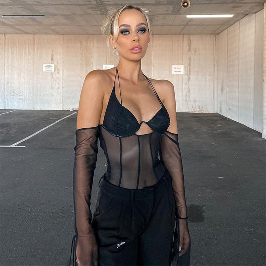 Black Mesh Stylish Top With Glove