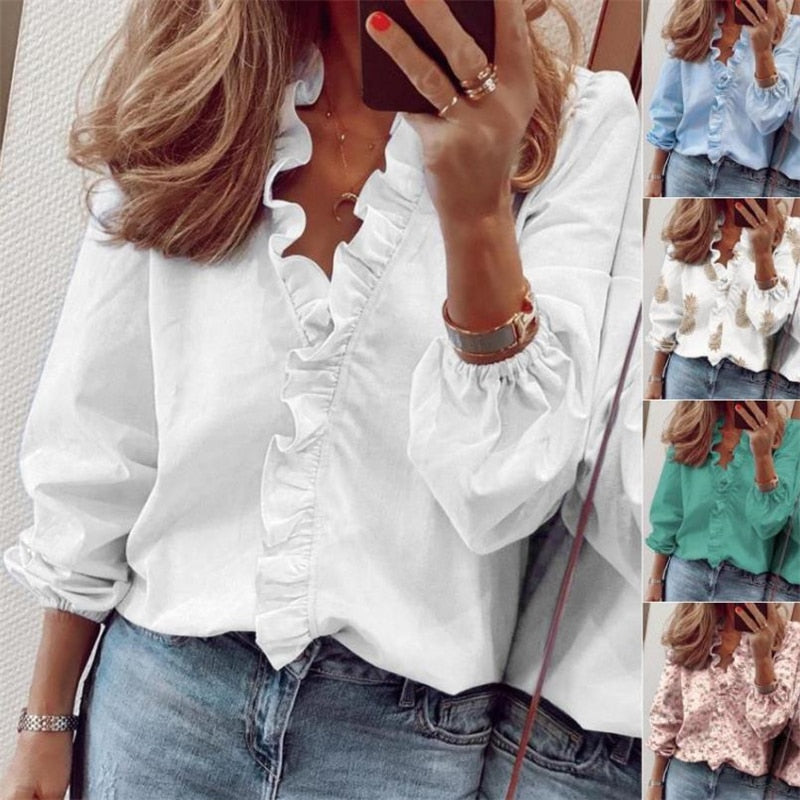 Top Solid Long Arm Blouse White Elegant Women's Color Femme Chemise Streetwear