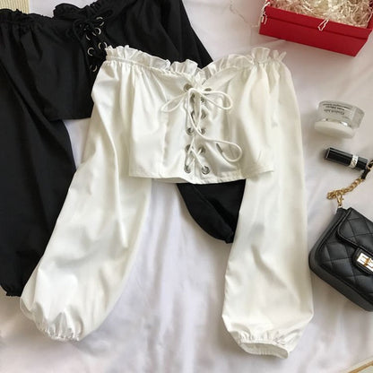 Top Sleeves Lace Ruffle Puff Tops Long Tops Crop Vintage Arm Up Bandage Blouse Shoulder Ladies Black Off With White