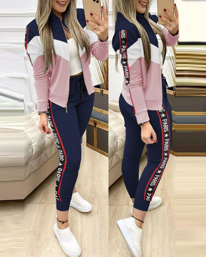 Tracksuit Winter - Zipper Piece for Pants Autumn + 2 Set Long Sports Jacket Suit Fashion Women