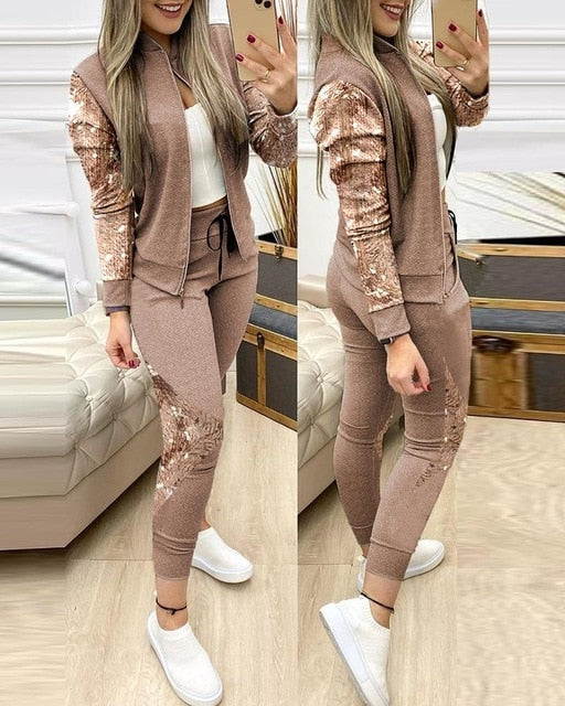 Set for Zipper Pants Long Autumn Piece Fashion + Suit - Winter Tracksuit Jacket 2 Sports Women