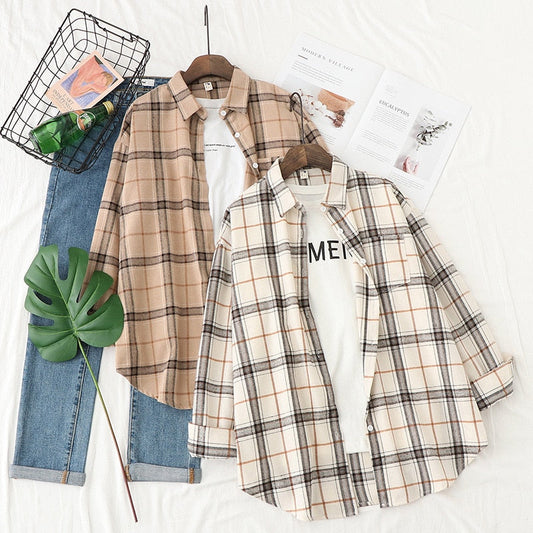 Spring Autumn Checked Blouses Loose Outwear Shirts Arm Long Casual Womens Tops Plaid News