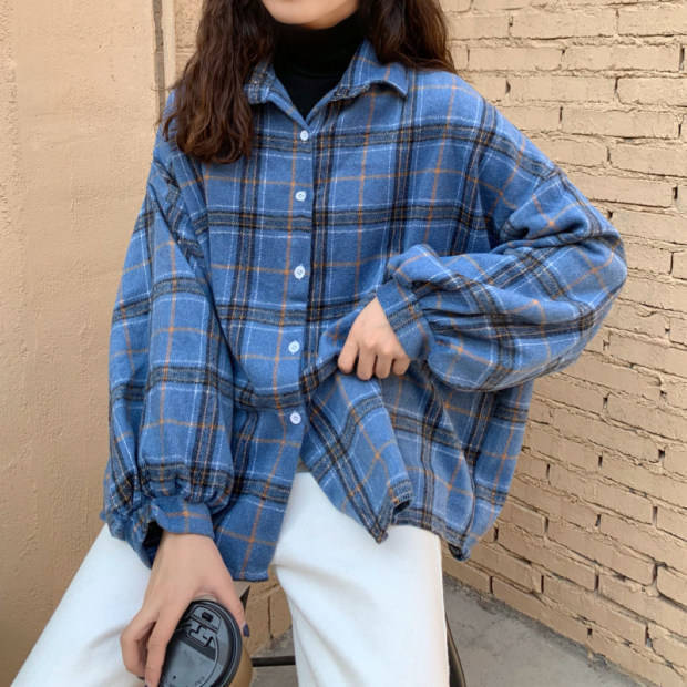 Turn-down Style Spring - Women's Plaid Outwear Loose 4 Neckline Blouse Harajuku with Fit Batwing-sleeve - - Colors