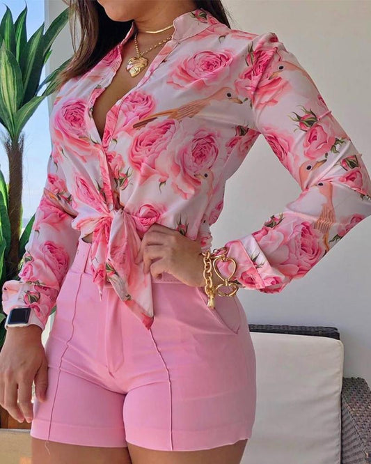 Spring Blouse Tie Knot Patterned Casual Arm Flowered Top for Blouse Long Women