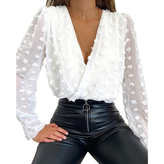 V Women Solid White Jacquard Dot Long Top Polka Arm Deep Fashion Neck Mesh Blouse Blouse