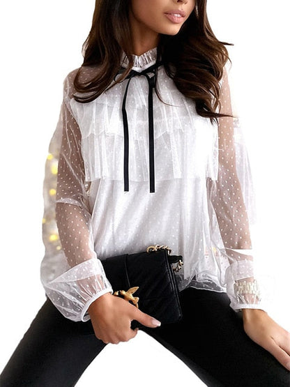 V Women Solid White Jacquard Dot Long Top Polka Arm Deep Fashion Neck Mesh Blouse Blouse