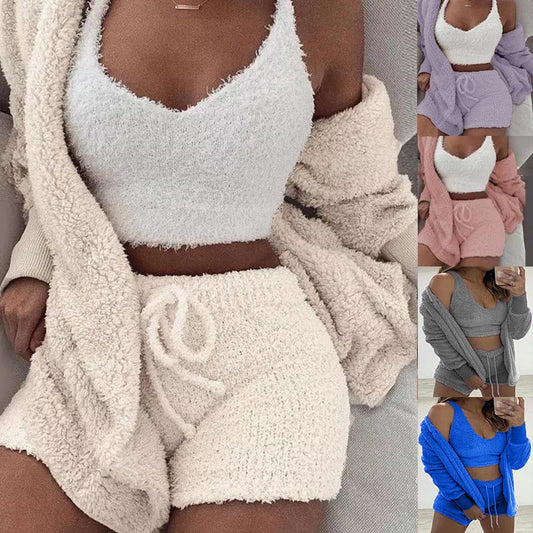 Women Sports Sets Coat+Shorts+Crop Casual Sexy Plush Hooded Top Tracksuit Velvet Outfits Cardigan Fluffy Sweatshirt