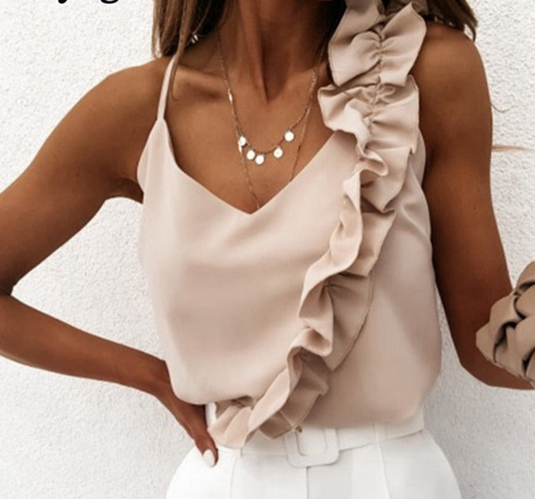 Ruffle Spaghetti Warm-Season Blouse Muyogrt Neck Strap V Backless Sleeveless Women Casual Shirts Tops