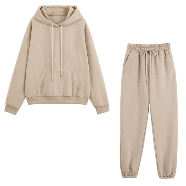 Set - Tracksuit - Hooded Pants Fleece Women's Color Solid Casual Sweatshirt Autumn/Winter and - Outfit