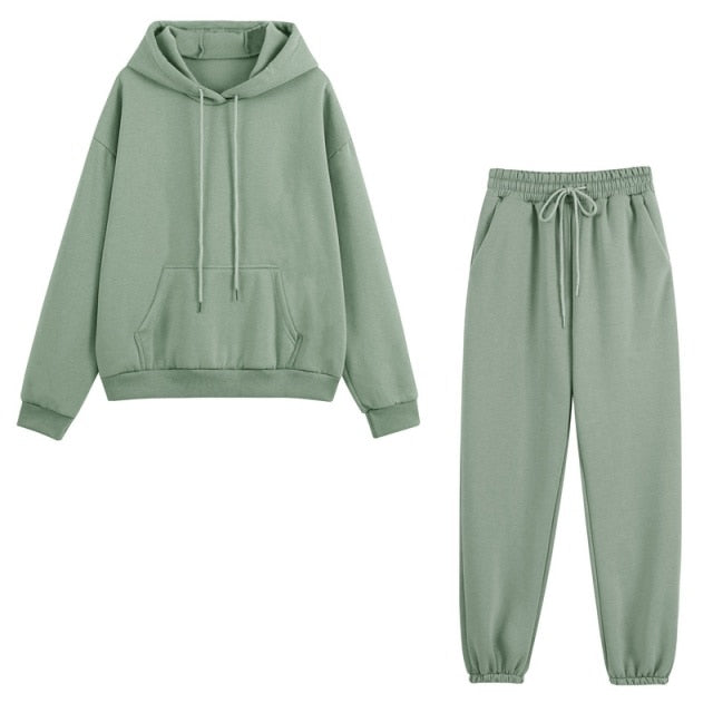 Set - Tracksuit - Hooded Pants Fleece Women's Color Solid Casual Sweatshirt Autumn/Winter and - Outfit