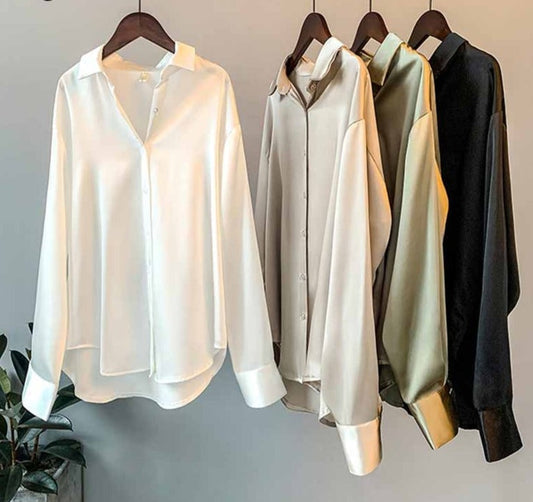 Arm Vintage Ladies Satin Korean Office Long Blouse Button Up Silk Elegant Blouse White Tops