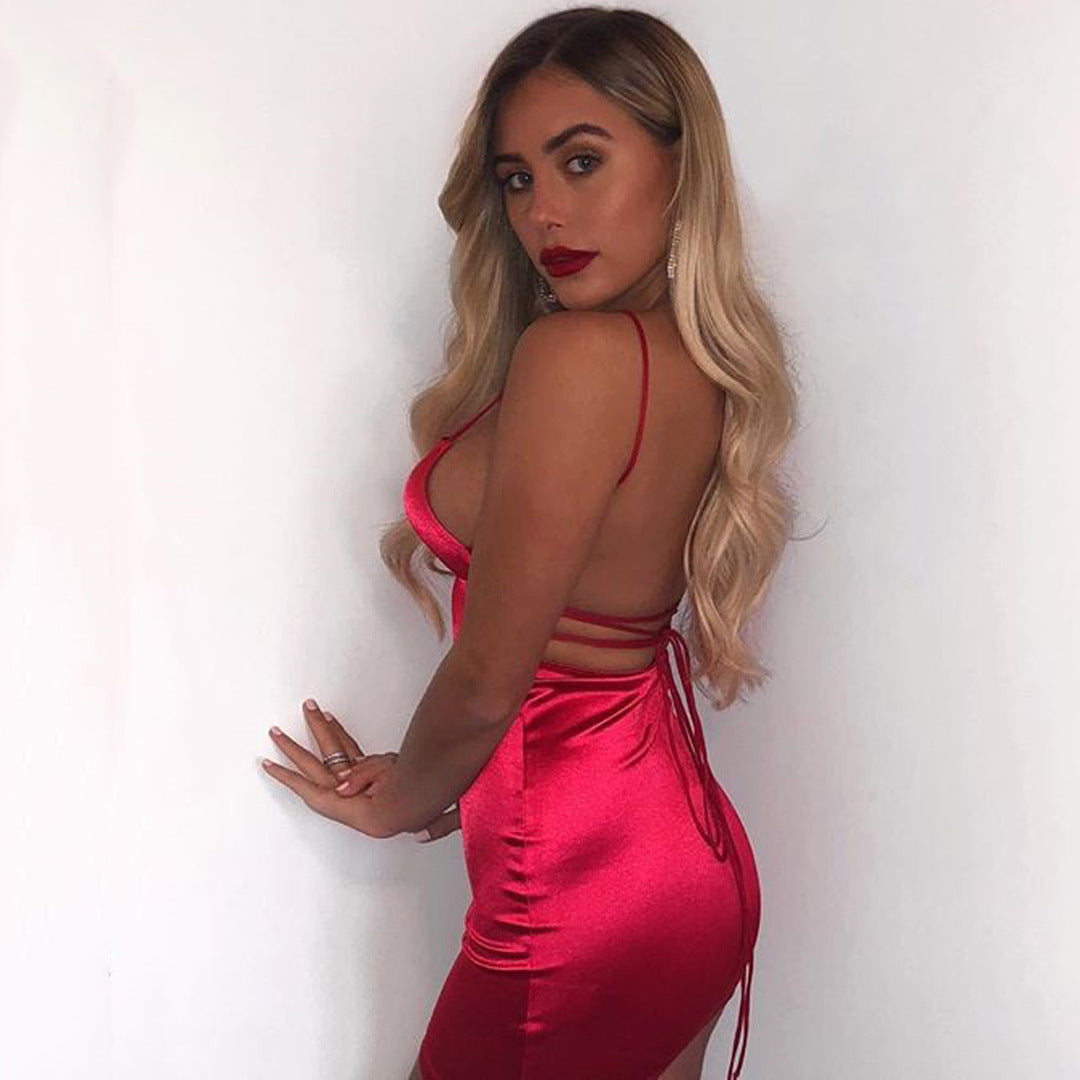 Satin Backless Stylish Tie Mini Dress