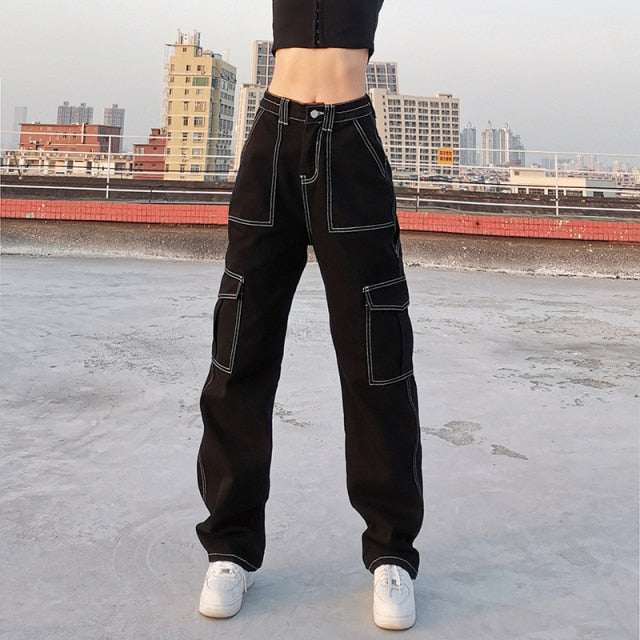 90s Women Waist Low Cargo Wide Pants Straight Jeans Baggy Y2K Denim Pockets Brown Leg Streetwear Vintage Trousers