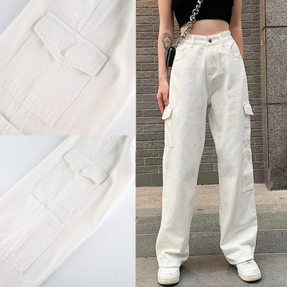 90s Women Waist Low Cargo Wide Pants Straight Jeans Baggy Y2K Denim Pockets Brown Leg Streetwear Vintage Trousers