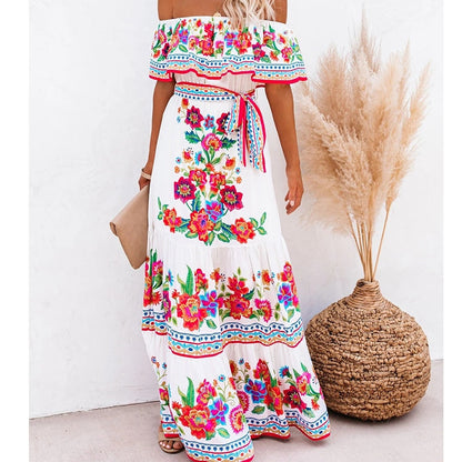 Women Gown Flowered Shoulder Streetwear Warm-Season for Off White - Elegant Casual Party The Long Style