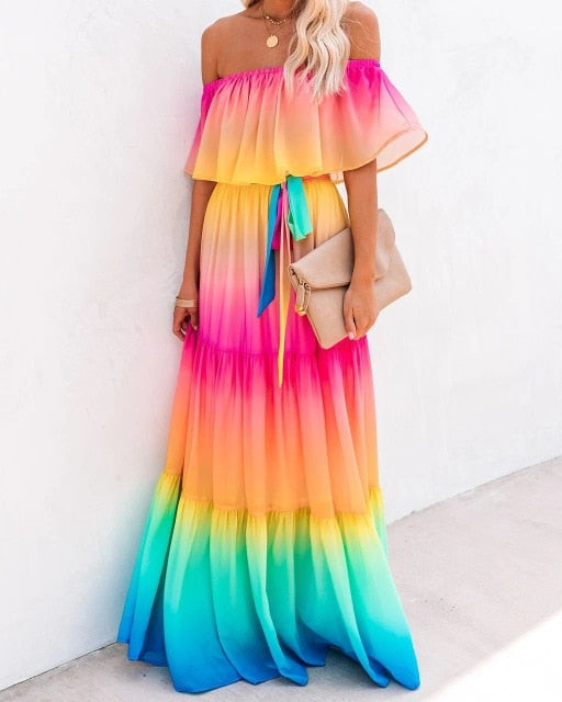 Women Gown Flowered Shoulder Streetwear Warm-Season for Off White - Elegant Casual Party The Long Style