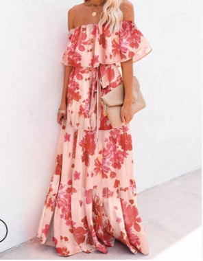 Women Gown Flowered Shoulder Streetwear Warm-Season for Off White - Elegant Casual Party The Long Style