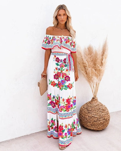 Women Gown Flowered Shoulder Streetwear Warm-Season for Off White - Elegant Casual Party The Long Style