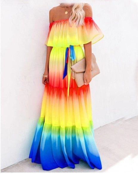 Women Gown Flowered Shoulder Streetwear Warm-Season for Off White - Elegant Casual Party The Long Style