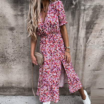 Slim Autumn Gown Party Elegant - Side - Neck Slit Flowered Women's Design Arm Fit V Long Elastic Spring Waist Vestidos