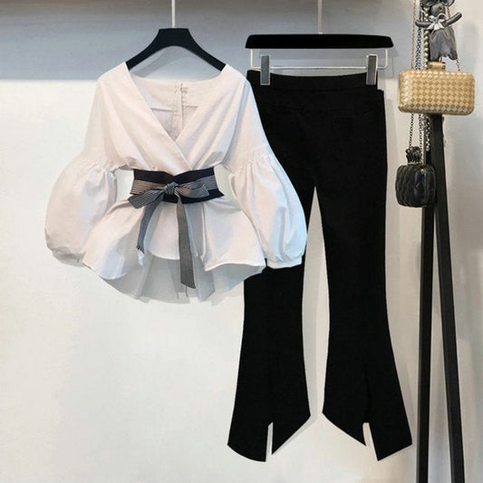 Spring Women's Bow Pants Lantern Flare Black + Striped Split Warm-Season Blouse Arm Arm Set