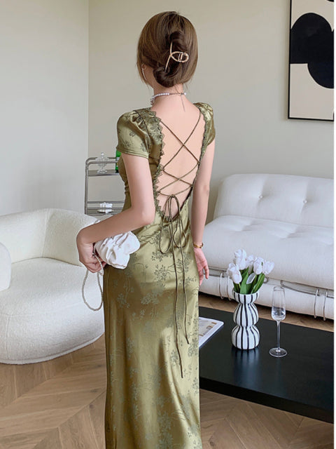 Bodycon for Palace Robe Satin V-Neck Bandage Dresses Party Gown Vestidos Mixi Warm-Season Backless Vintage Prom Lace Green Women