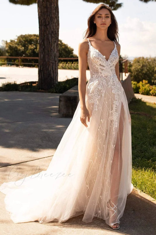 Promise of Love Embroidered Modern Lace Backless Maxi Dress Champagne / 2