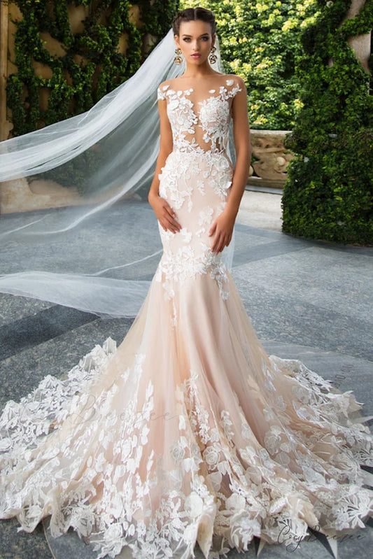 Promised Love Lace Trendy Mermaid Wedding Dress Champagne / 2