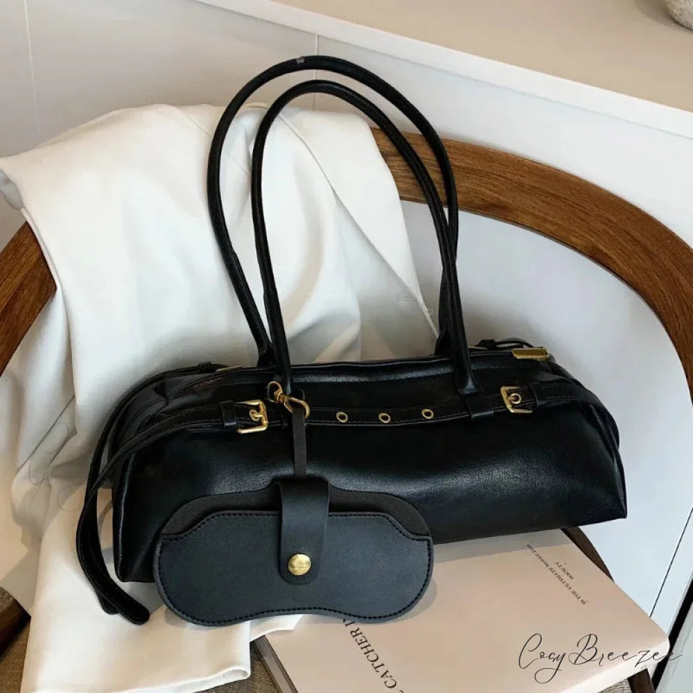 PU Leather Buckle Fashion Bag Black shoulder-250126
