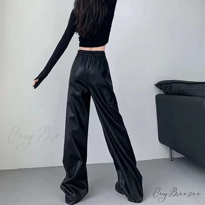 PU Leather Personality Loose Straight-Leg Casual Spring Autumn Fashion Pants