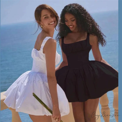 Puff Flare Square Charming Neck Strap Mini Dress