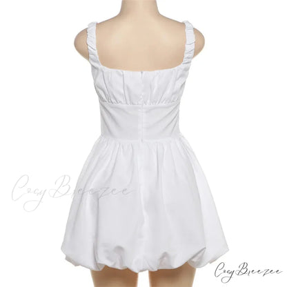 Puff Flare Square Charming Neck Strap Mini Dress