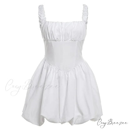 Puff Flare Square Charming Neck Strap Mini Dress White / M