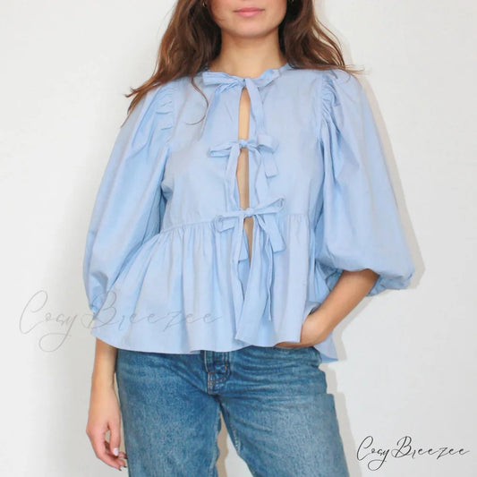 Puff Short Sleeve Peplum Tie Front Blouse blouse-250223