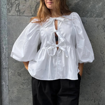 Puff Short Sleeve Peplum Tie Front Blouse blouse-250223