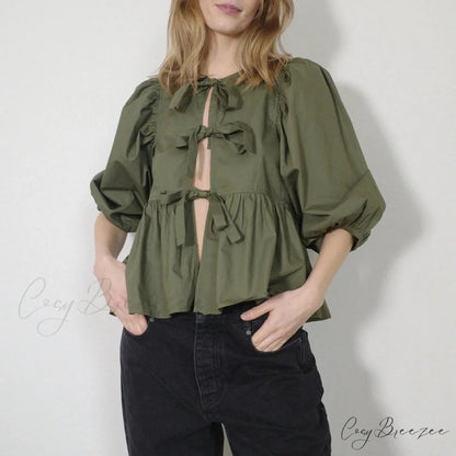 Puff Short Sleeve Peplum Tie Front Blouse army green / S blouse-250223