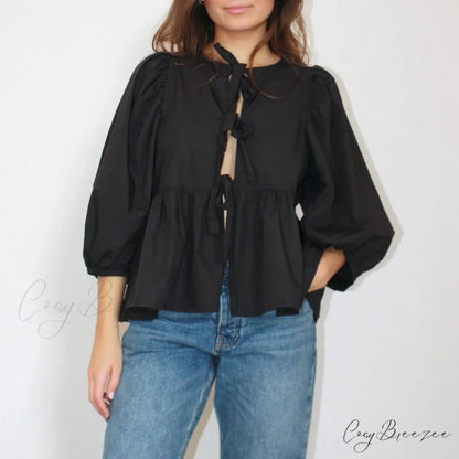 Puff Short Sleeve Peplum Tie Front Blouse Black / S blouse-250223