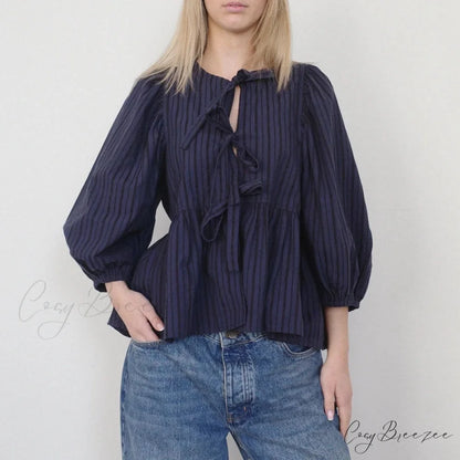 Puff Short Sleeve Peplum Tie Front Blouse DEEP BLUE / S blouse-250223