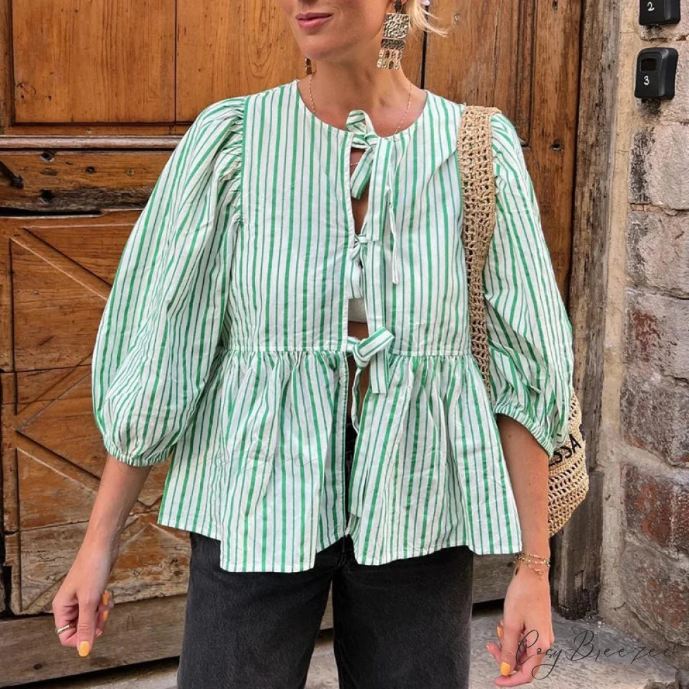 Puff Short Sleeve Peplum Tie Front Blouse Green / S blouse-250223