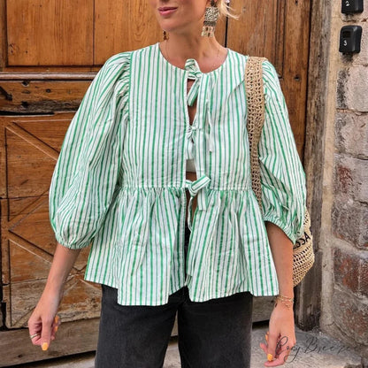 Puff Short Sleeve Peplum Tie Front Blouse Green / S blouse-250223