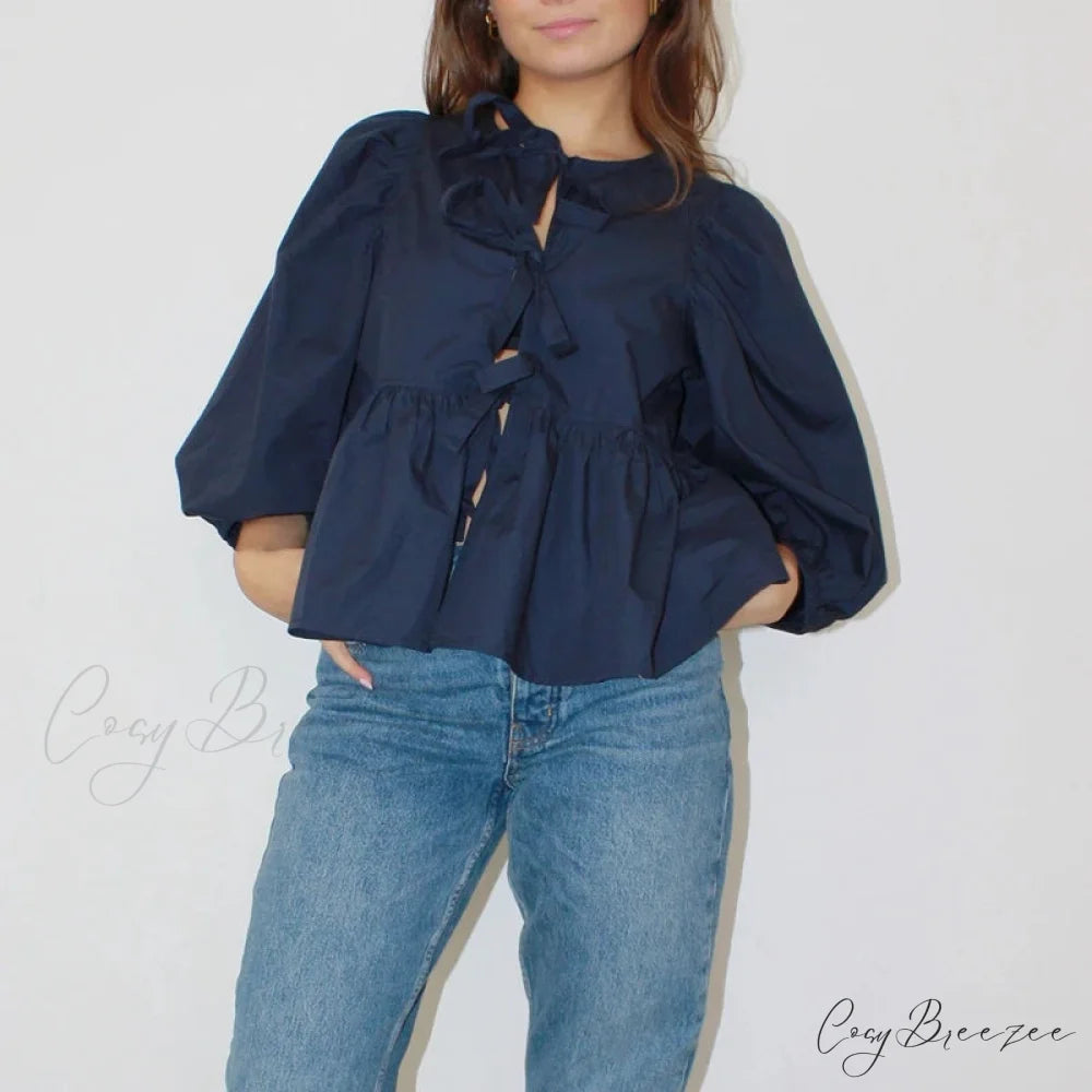 Puff Short Sleeve Peplum Tie Front Blouse Navy Blue / S blouse-250223