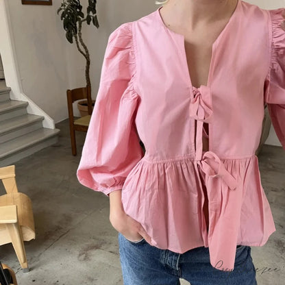 Puff Short Sleeve Peplum Tie Front Blouse Pink / S blouse-250223