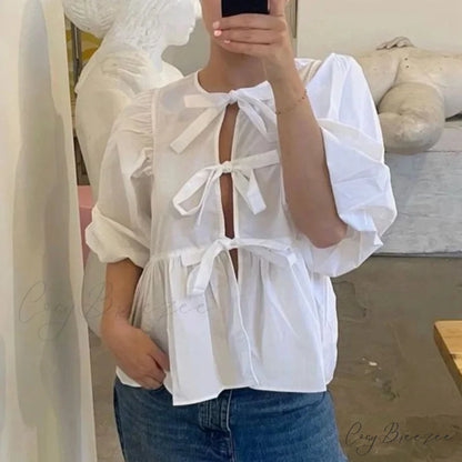 Puff Short Sleeve Peplum Tie Front Blouse WHITE / S blouse-250223