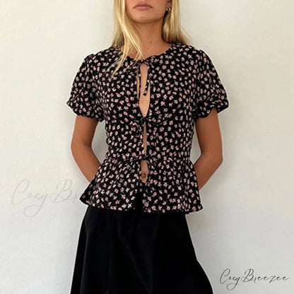 Puff Sleeve Bowknot Crop Top black / S croptop-250223